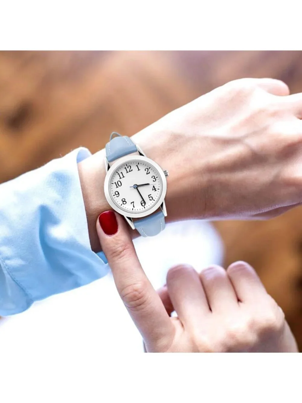 Women's Blue White Analog Quartz Leather Band Round Dial Waterproof Wrist Watch